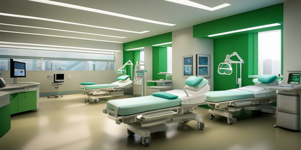 Busy ICU or ER scene highlighting teamwork and communication among healthcare professionals with a harmonious green tone.