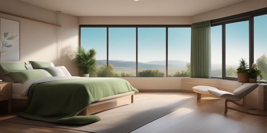 Cancer patient sitting in a peaceful hospital room with calming objects and soothing landscape.