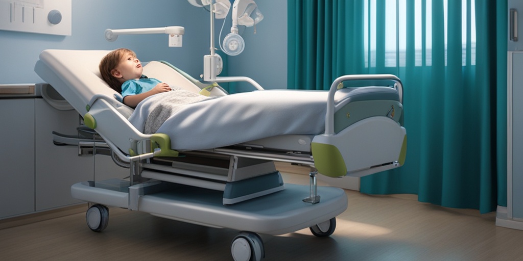 Child in hospital bed surrounded by medical equipment and concerned healthcare professionals.