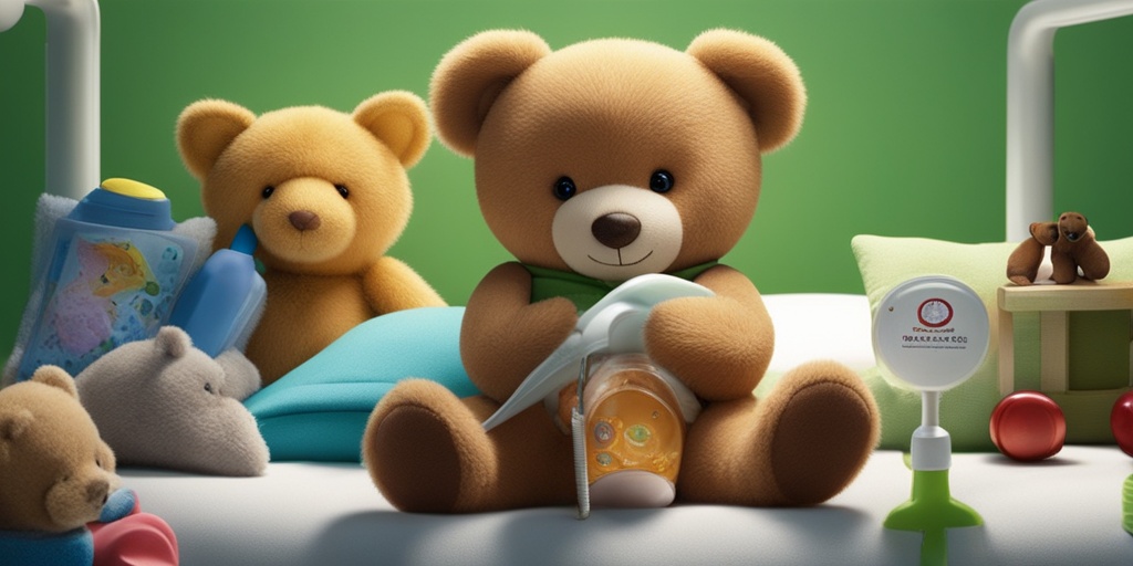 Child in hospital bed with toys and teddy bear, suffering from Mountain Fever