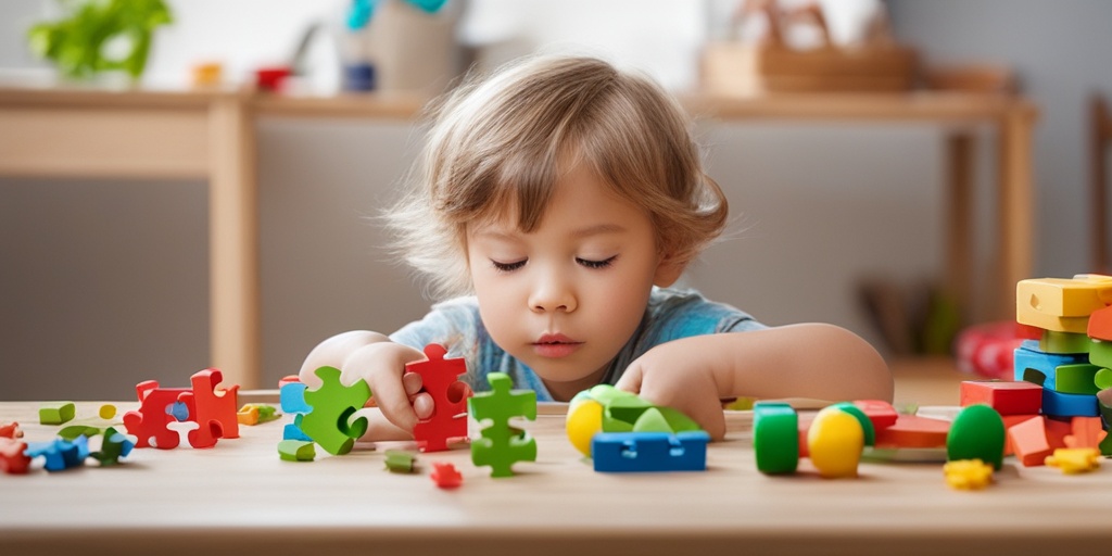 Child with TSC and Autism Spectrum Disorder plays with a puzzle surrounded by toys and learning aids on a harmonious background.