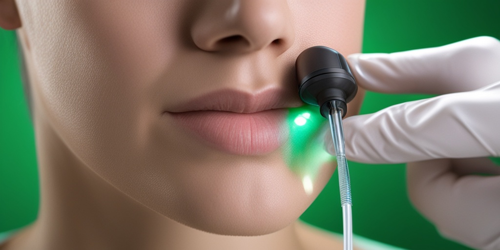 Close-up of dermatologist performing skin tag removal procedure with subtle green background