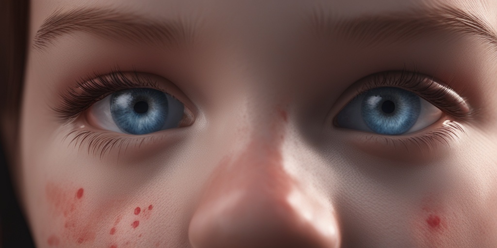 Close-up of person's face showing common Measles symptoms like high fever, cough, and conjunctivitis.