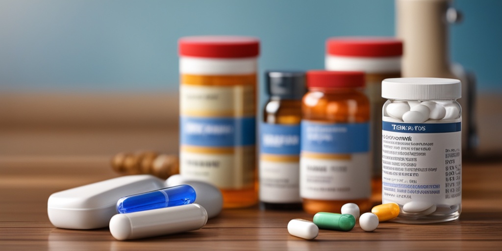 Collection of medications and supplements used to treat postural tremor on a wooden table with a subtle blue background.