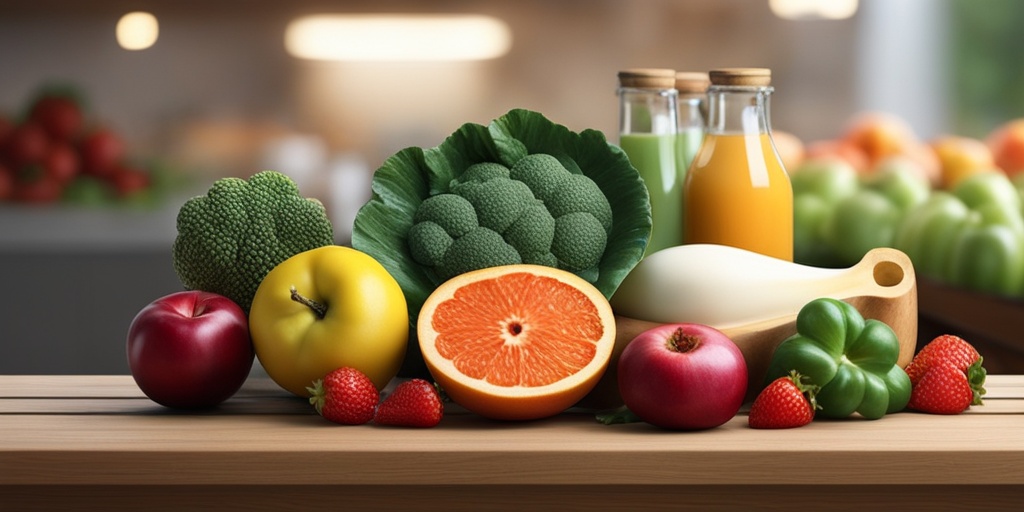 Colorful fruit and vegetable market with calcium-rich foods and supplements on a creamy white background.