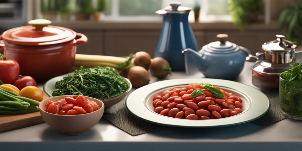 Colorful kitchen setting with iron-rich foods and cooking utensils for healthy diet.