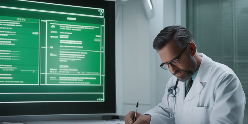 Concerned medical professional reviews patient's medical chart with subtle green background conveying caution.