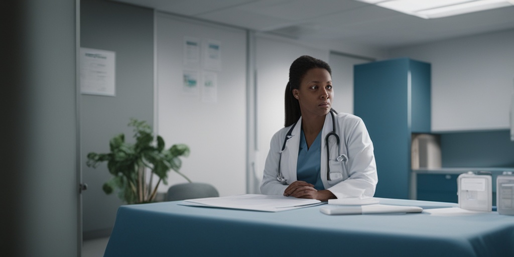 Concerned pregnant woman sitting in a dimly lit room surrounded by medical papers and test results.