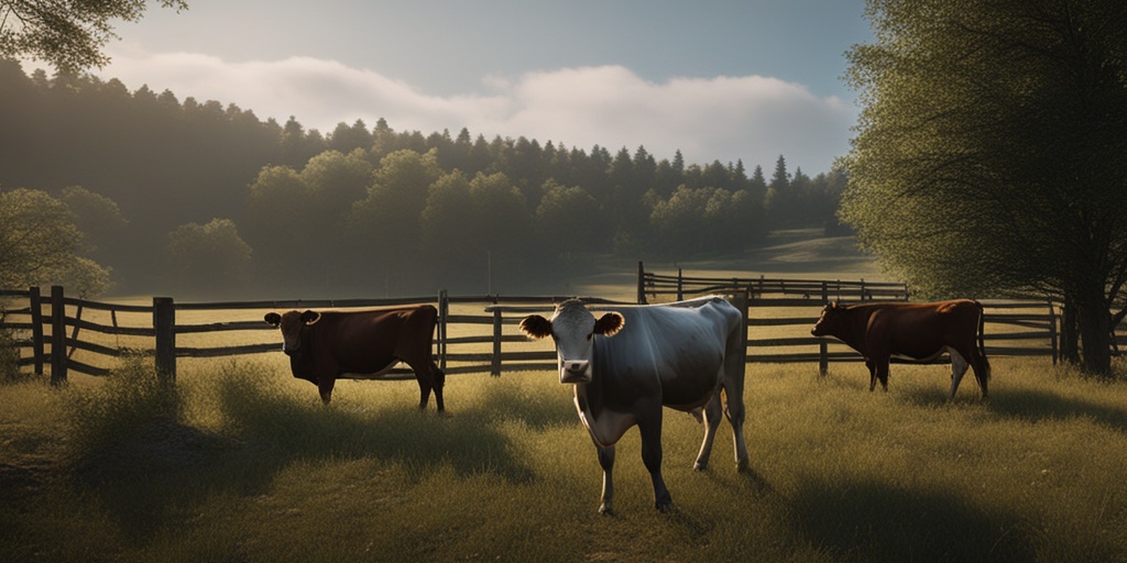 Cow displaying abnormal behavior in a rural farm setting with a subtle blue tone.