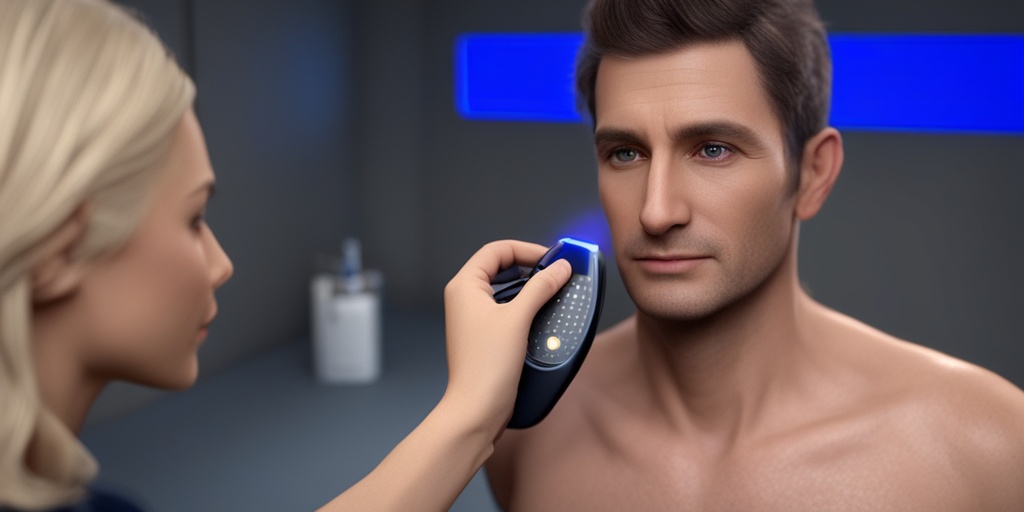 Dermatologist examining patient's skin for moles using a dermatoscope in a clinical setting with subtle blue background.