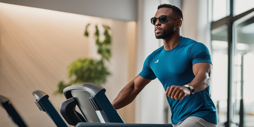 Determined person in 30s walks briskly on treadmill, highlighting benefits of exercise for low back pain.