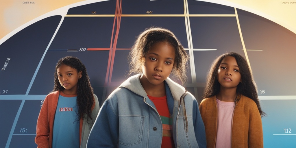 Diverse group of girls standing in circle, looking at calendar with concerned and curious expressions.