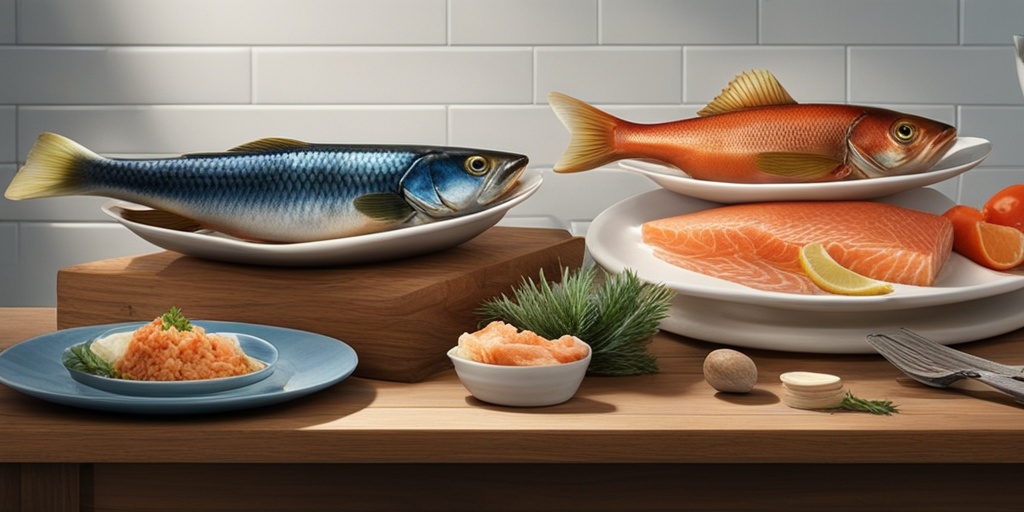 Diverse selection of fish on rustic wooden table, with low-mercury options highlighted, on subtle blue background.