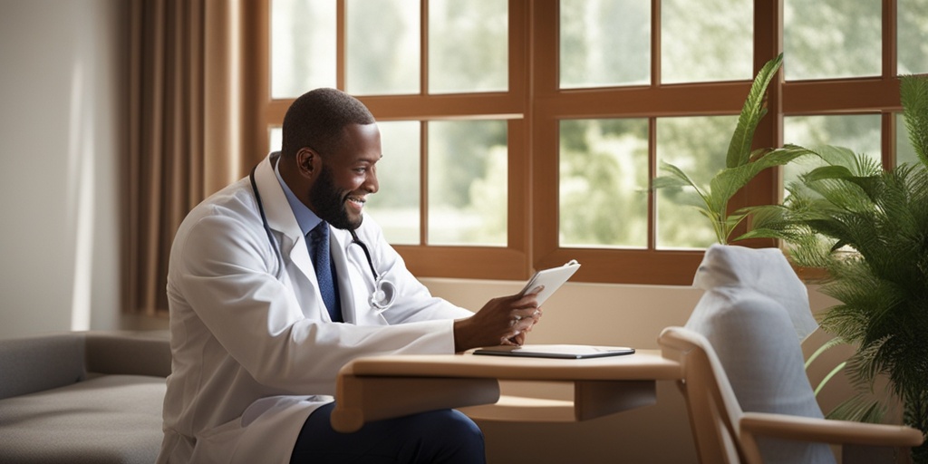 Doctor and patient reviewing NPS results on tablet with warm and calming background.