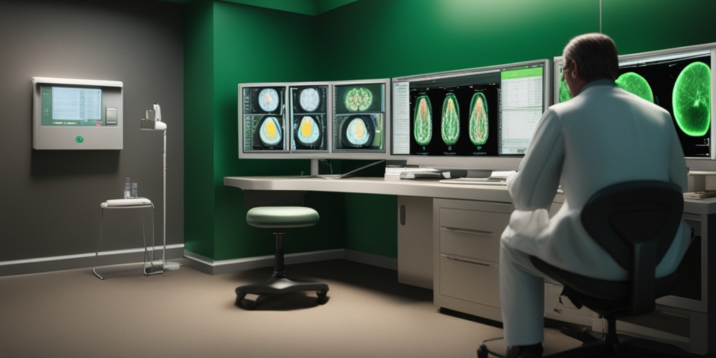 Doctor diagnosing Tuberous Sclerosis with patient undergoing MRI scan in the background, surrounded by medical charts.