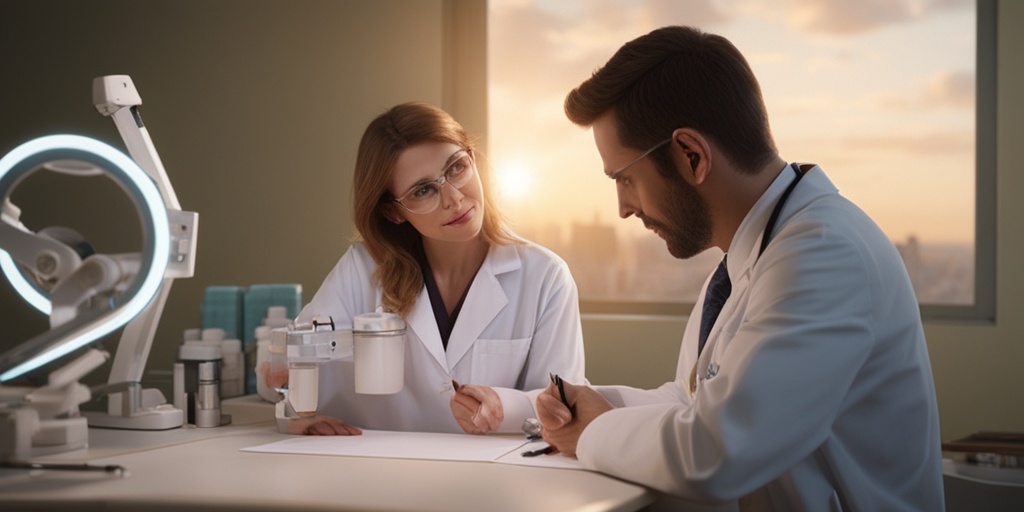 Doctor examines a patient with TSC surrounded by medical equipment and diagnostic tools with a warm color palette.