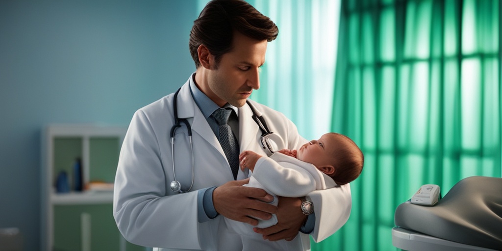 Doctor examines baby with EHBA using stethoscope and ultrasound machine in a hospital setting.