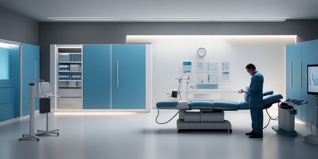 Doctor examining a patient with a stethoscope and medical chart in a professional blue-toned setting.