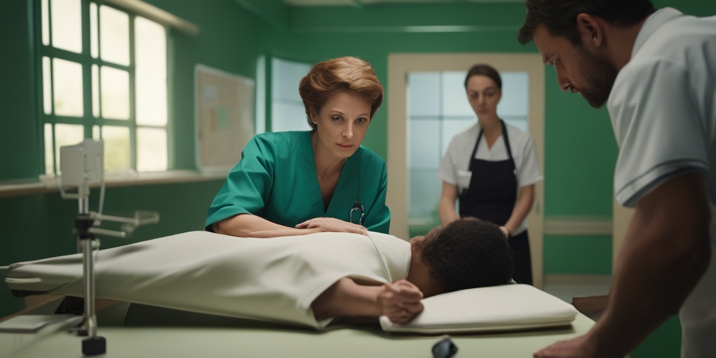 Doctor examining an elderly patient in a clinical setting with medical equipment and furniture.