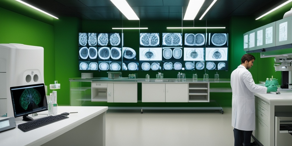 Doctor examining brain tissue sample in modern medical laboratory with subtle green background