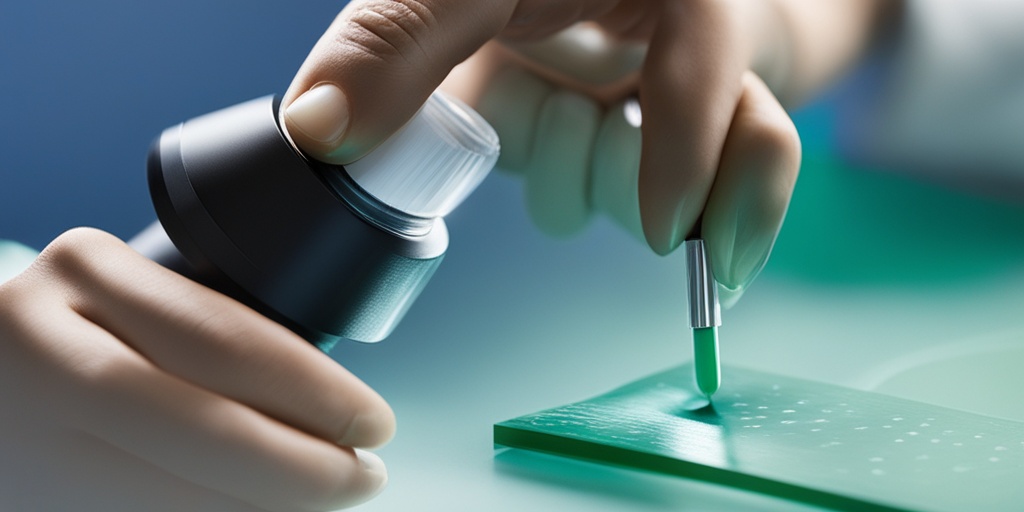 Doctor examining microscope slide with cardiac tissue affected by Type II Amyloidosis.