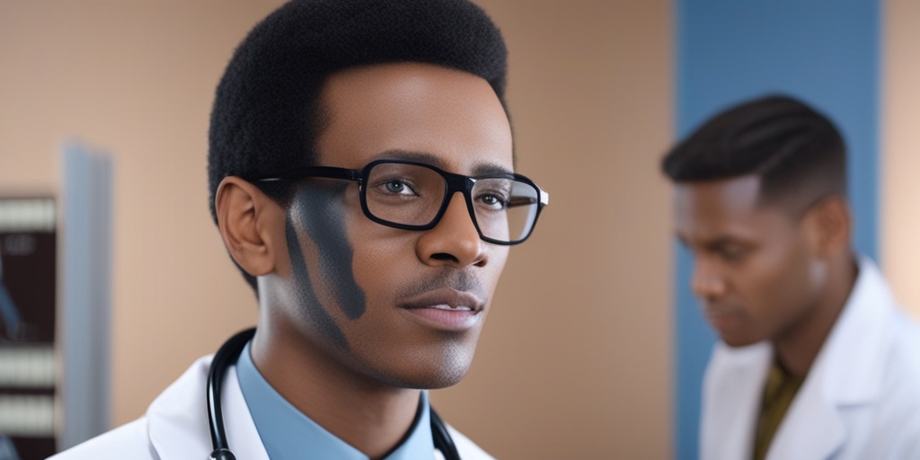 Doctor examining patient with vitiligo, highlighting diagnostic process with stethoscope and medical charts on a subtle blue background.