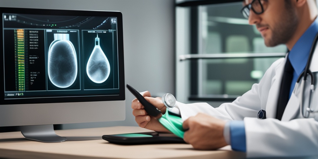 Doctor examining patient's blood pressure reading on digital monitor with calm expression.