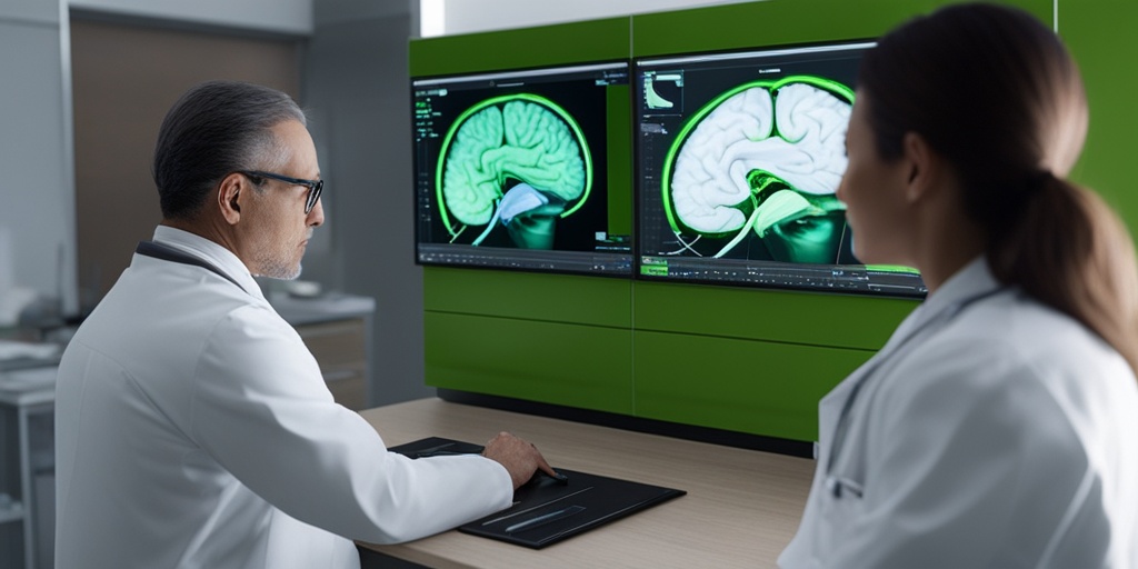 Doctor examining patient's brain scan with AVM diagnosis in a calming green and subtle blue color palette.