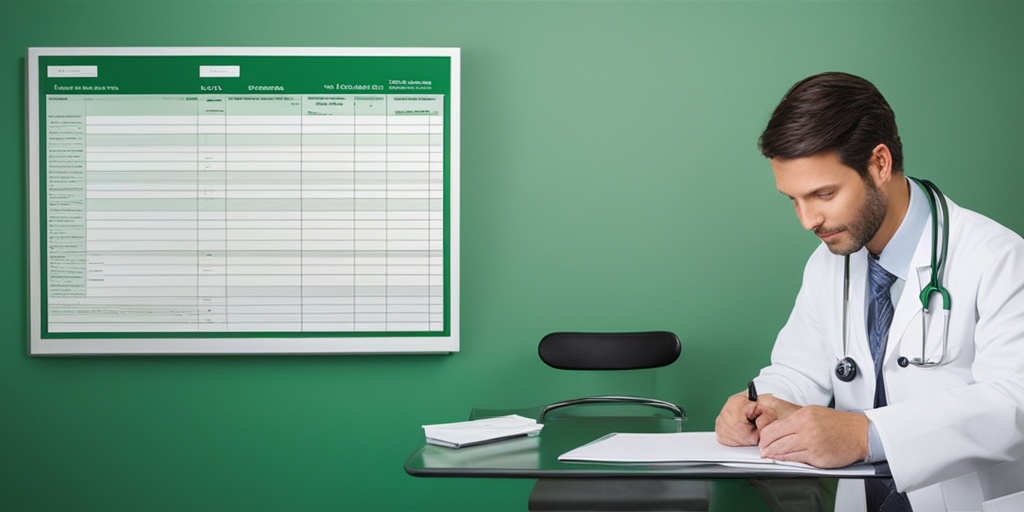 Doctor examining patient's medical chart with subtle green background.