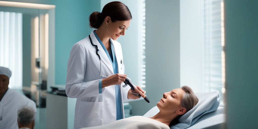 Doctor examining patient's skin with dermatoscope in calm clinical environment with blue background