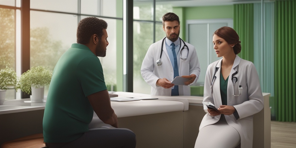 Doctor explaining Type 2 Diabetes diagnosis to patient in a calm and trustworthy office setting.