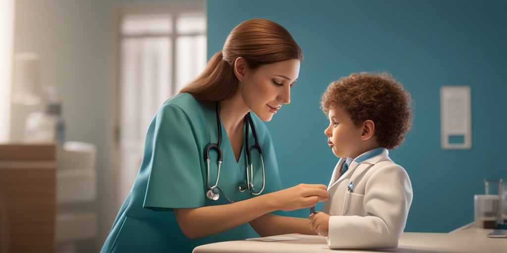 Doctor gently examines child's throat with tongue depressor on examination table.