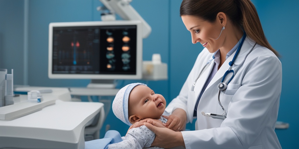 Doctor gently examining baby with SMA Type I, surrounded by medical equipment, conveying care and professionalism.