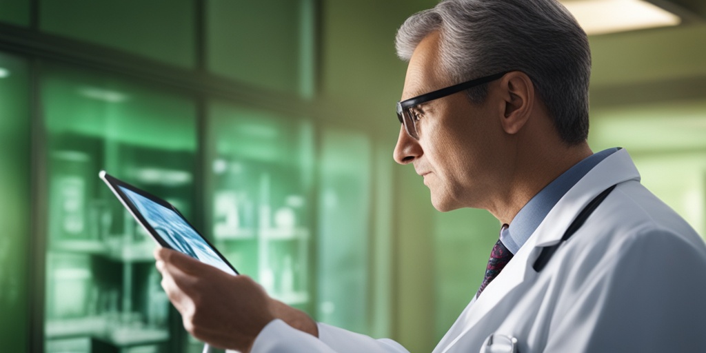 Doctor holding tablet with 3D colonoscopy image, standing in front of green background, concerned expression.