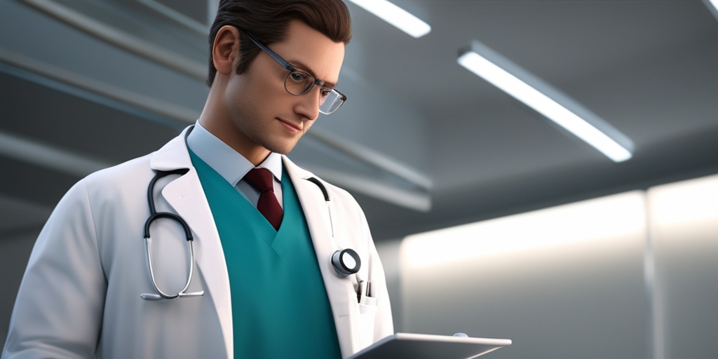 Doctor in a white coat diagnosing Gilbert's Disease in a clinical setting with a subtle blue background.