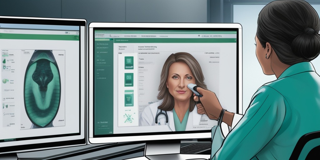 Doctor reviewing patient's scan results on a computer screen, emphasizing accurate diagnosis and interpretation of virtual colonoscopy results.