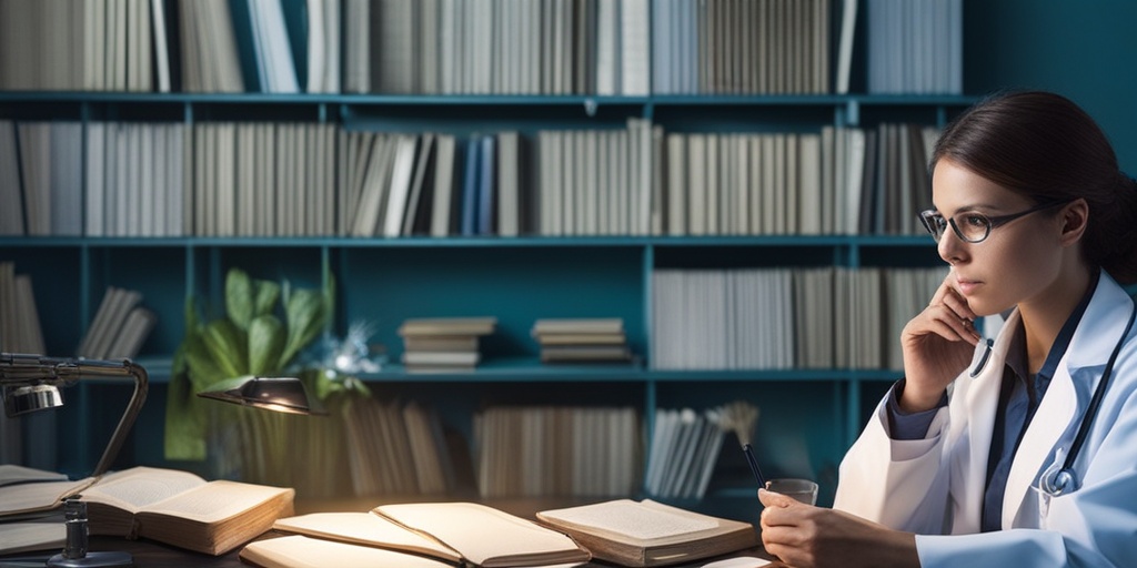 Doctor studying microscope slide with amyloid deposits surrounded by medical equipment and books