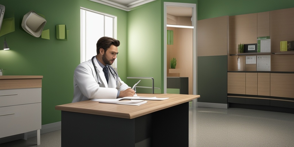 Doctor takes notes in office, patient sits across, clipboard and stethoscope on table, calm atmosphere.