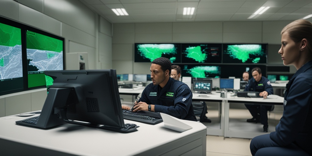 Emergency response team coordinates bioterrorism response in high-tech command center with urgent green tone.