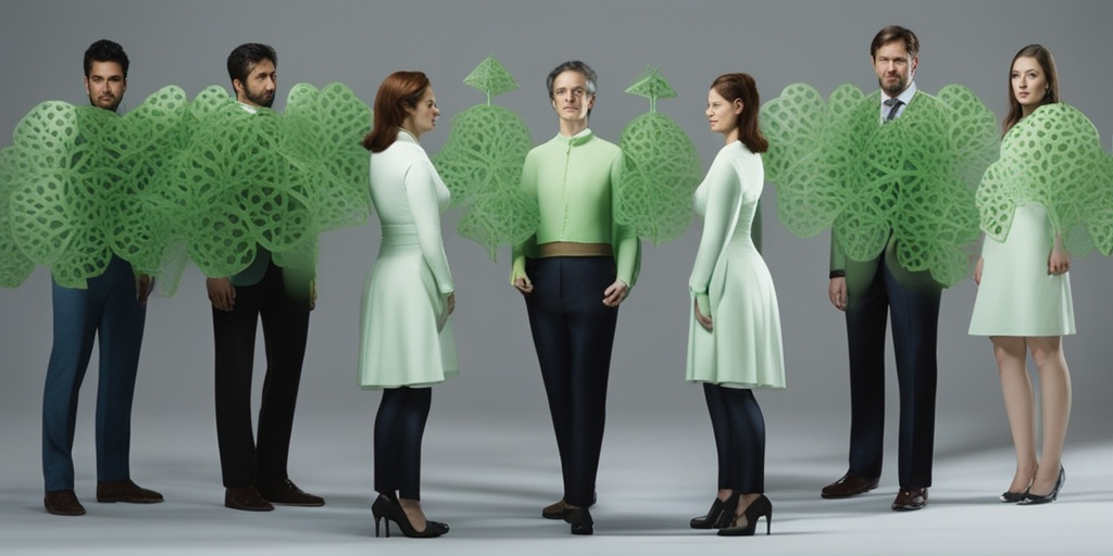 Family tree with 3D rendered figures, affected individuals with green glow, subtle blue to green gradient background.