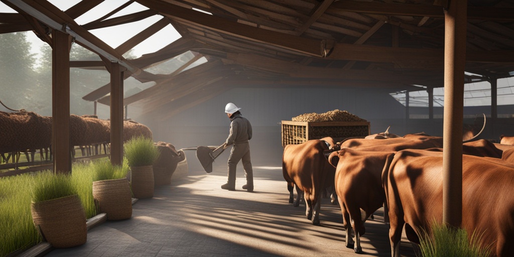 Farm worker wearing protective gear handling cattle feed in a clean and organized farm setting.