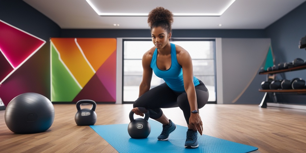 Fitness enthusiast stands in bright fitness studio with sample workout routine on whiteboard and exercise equipment.