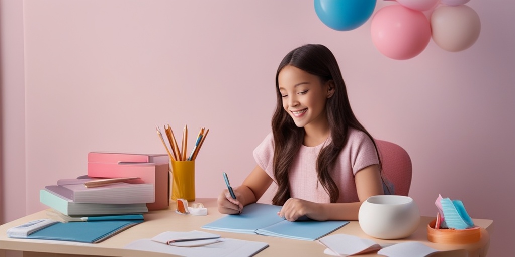 Girl sitting at desk, surrounded by educational materials and sanitary products, looking confident.