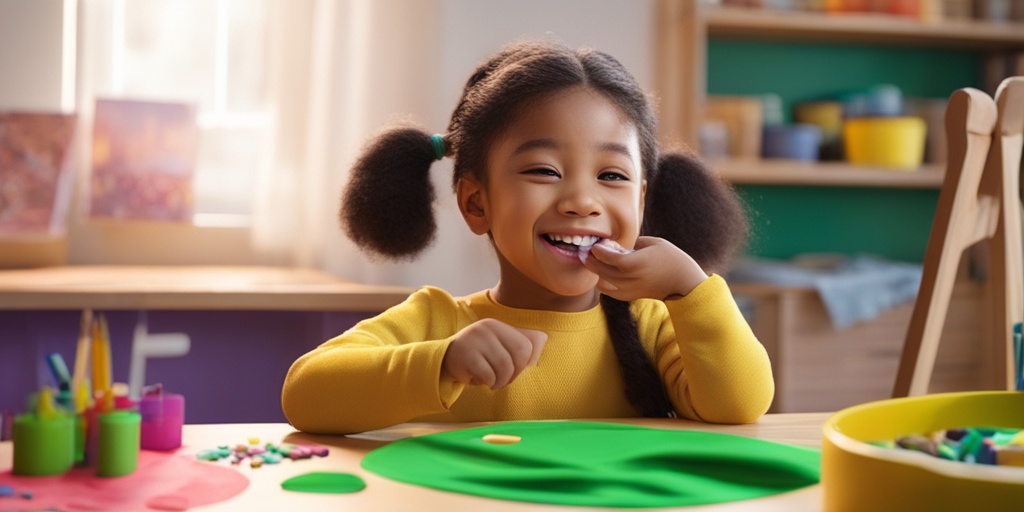 Girl with Rett Syndrome engaging in fun activity like painting with joyful expression surrounded by art supplies.