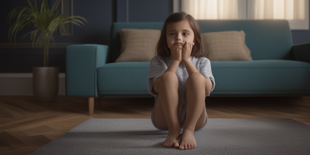 Girl with Rett Syndrome showing symptoms like hand wringing and loss of speech on a couch with frustrated expression.