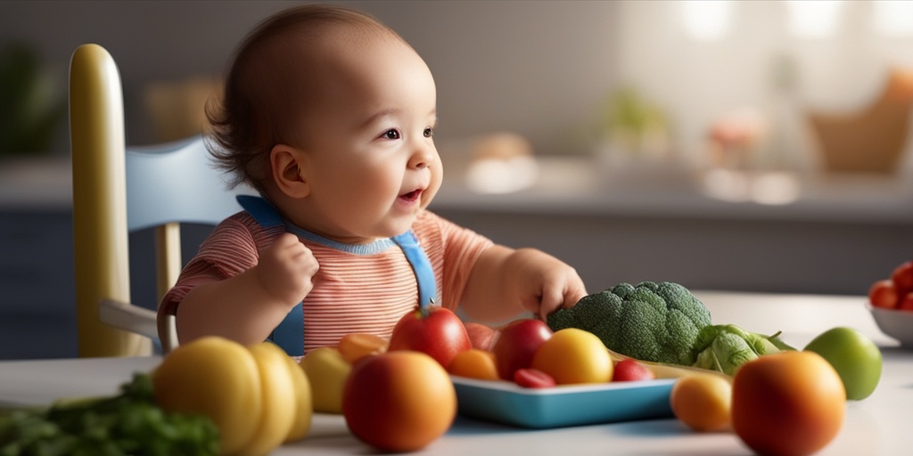 Happy baby sits in high chair, surrounded by colorful fruits and veggies, exploring new flavors and textures.