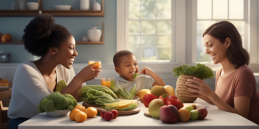 Happy family enjoying a meal together, surrounded by a bountiful spread of organic foods, conveying nourishment and well-being.