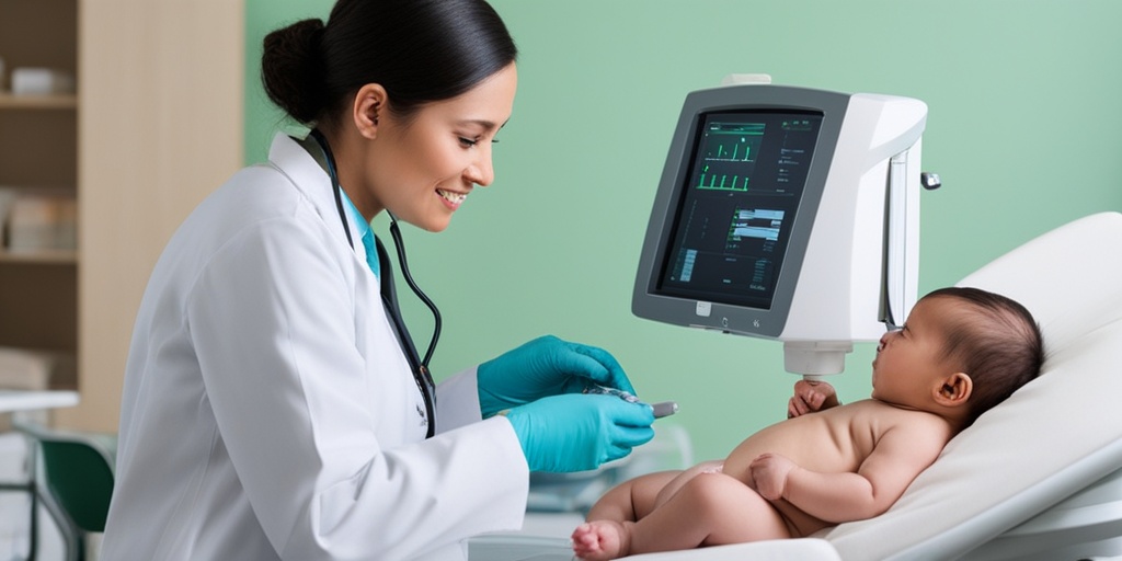 Healthcare professional conducts PKU diagnosis on a newborn baby with medical equipment nearby.