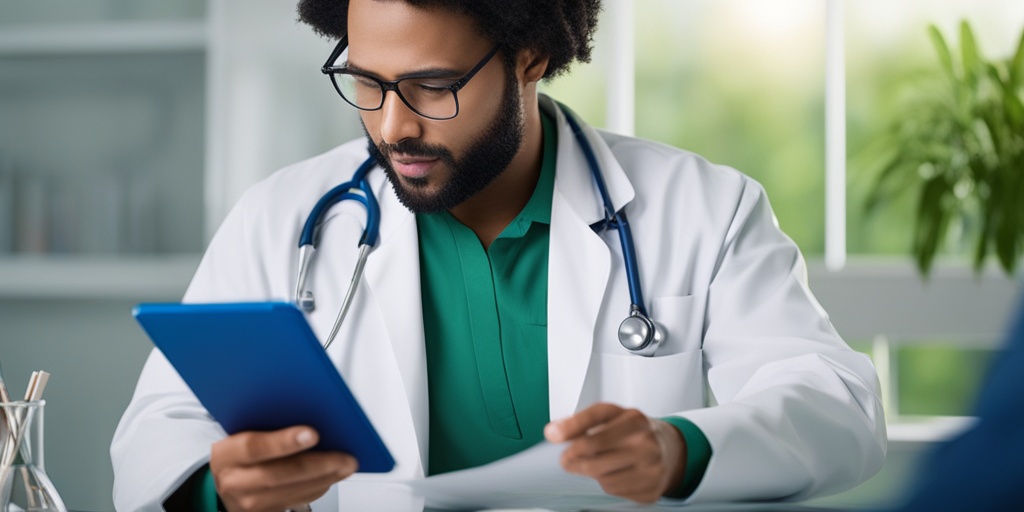 Healthcare professional discussing Type 1 Diabetes diagnosis with a patient in a modern doctor's office.