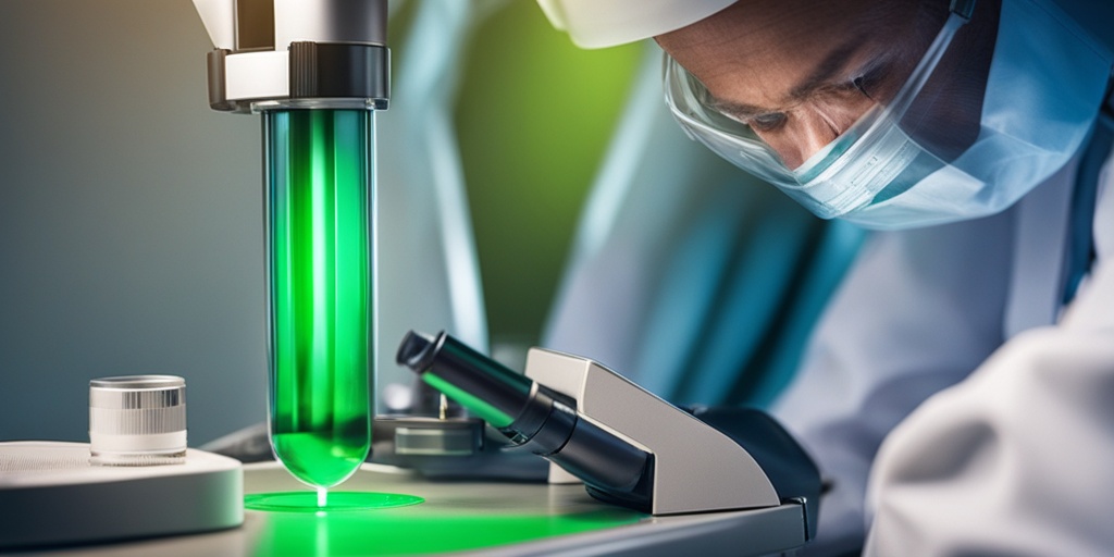 Healthcare professional examines blood sample under microscope, with subtle green background and blue hints.